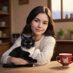 Disney Pixar-inspired image of a brunette girl and her black and white cat in a warm, cozy setting