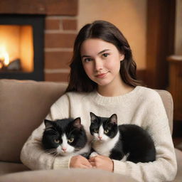 Disney Pixar-inspired image of a brunette girl and her black and white cat in a warm, cozy setting