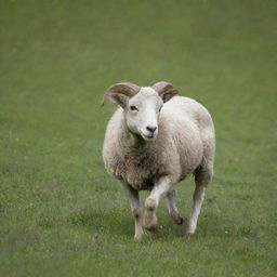 A young ram (juvenile sheep) frolicking in a lush green meadow during springtime.