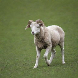 A young ram (juvenile sheep) frolicking in a lush green meadow during springtime.