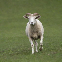 A young ram (juvenile sheep) frolicking in a lush green meadow during springtime.