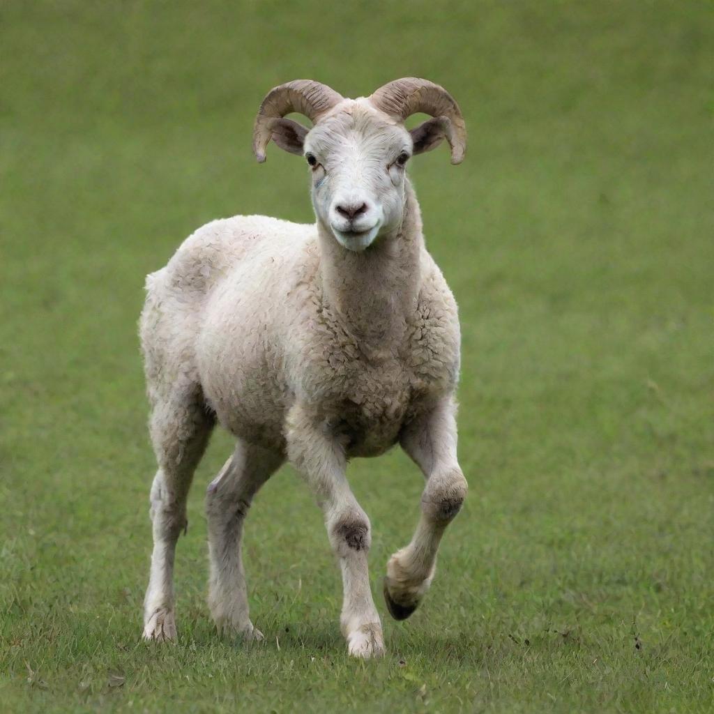 A young ram (juvenile sheep) frolicking in a lush green meadow during springtime.