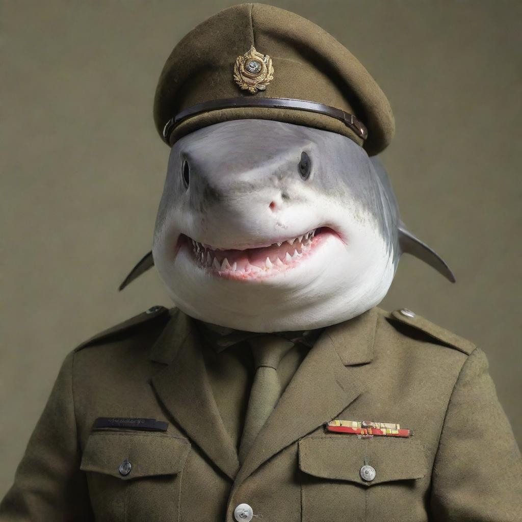 A confident shark donned in a detailed, sharp-looking army uniform