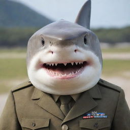 A confident shark donned in a detailed, sharp-looking army uniform