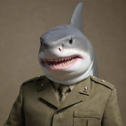 A confident shark donned in a detailed, sharp-looking army uniform