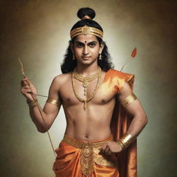 A young Lord Rama, a significant deity in Hinduism, depicted holding an arrow, dressed in traditional attire, symbolizing spirituality and heroism.