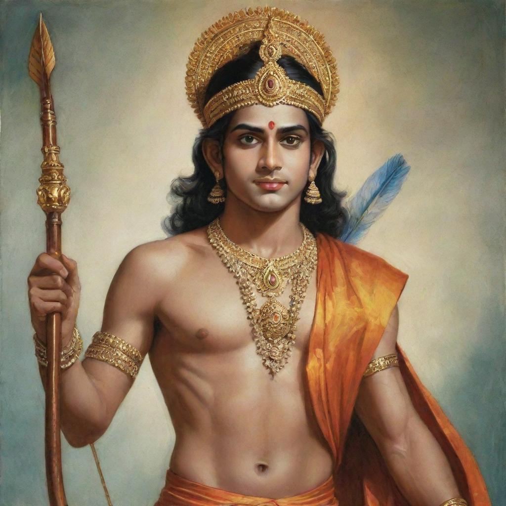 A young Lord Rama, a significant deity in Hinduism, depicted holding an arrow, dressed in traditional attire, symbolizing spirituality and heroism.