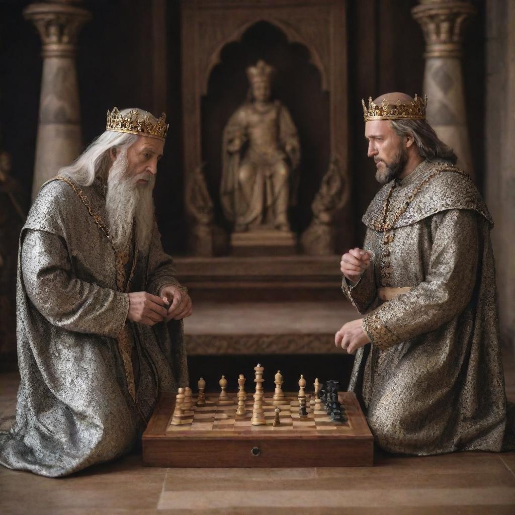 Two regal kings from different eras, sitting across a finely crafted chess board, deeply engrossed in a strategic chess game, amidst a grand medieval setting.