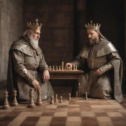 Two regal kings from different eras, sitting across a finely crafted chess board, deeply engrossed in a strategic chess game, amidst a grand medieval setting.