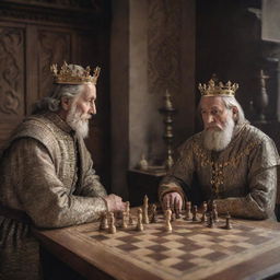 Two regal kings from different eras, sitting across a finely crafted chess board, deeply engrossed in a strategic chess game, amidst a grand medieval setting.