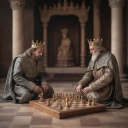 Two regal kings from different eras, sitting across a finely crafted chess board, deeply engrossed in a strategic chess game, amidst a grand medieval setting.