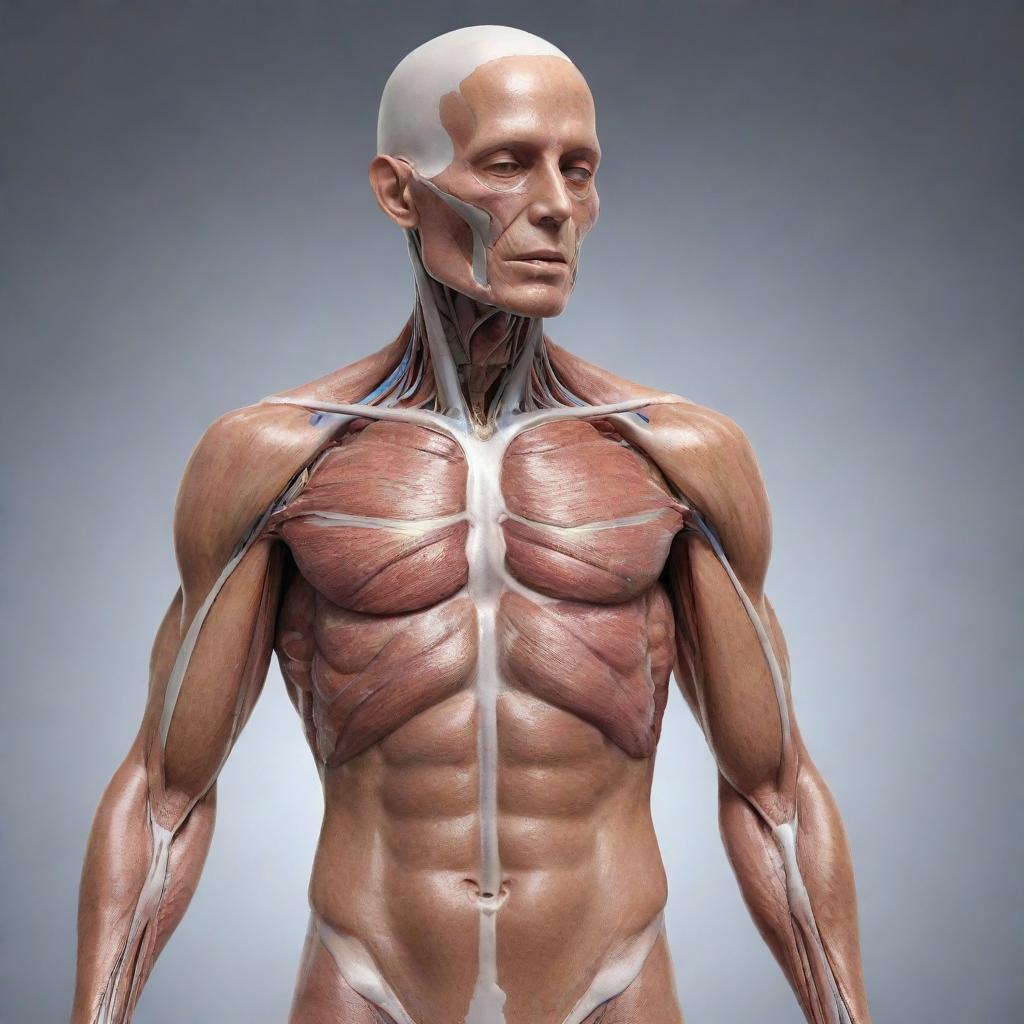 An anatomically accurate, fully detailed, whole-body image showcasing the external anatomy of a human