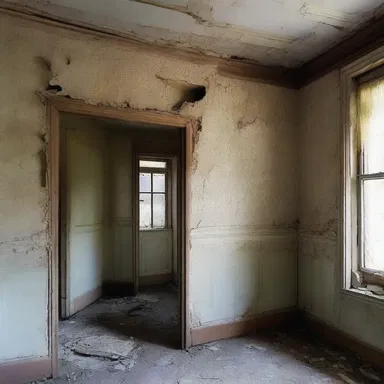 The old abandoned house was filled with raggedly torn wallpaper and crumbling plaster on the walls.