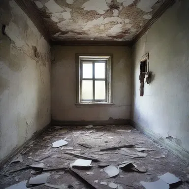The old abandoned house was filled with raggedly torn wallpaper and crumbling plaster on the walls.