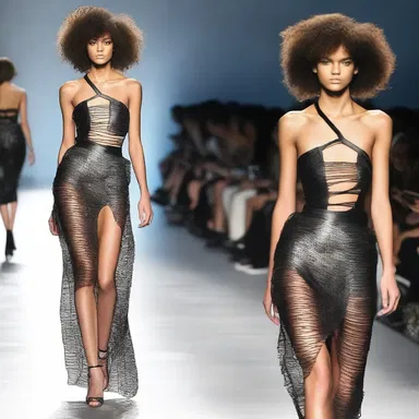 The model strutted down the runway in a raggedly cut designer gown, creating a unique and edgy look.