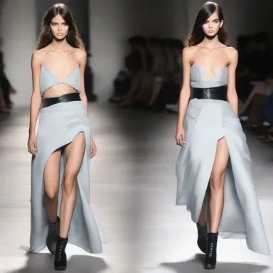 The model strutted down the runway in a raggedly cut designer gown, creating a unique and edgy look.