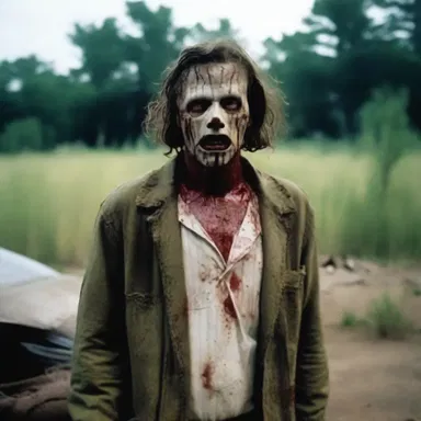 In the horror movie, the deranged killer was dressed in raggedly torn clothes, adding to his terrifying appearance.