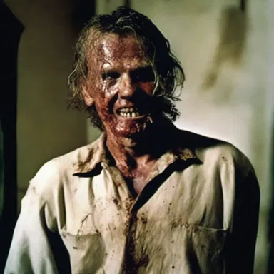 In the horror movie, the deranged killer was dressed in raggedly torn clothes, adding to his terrifying appearance.