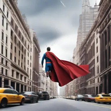 The superhero's cape fluttered raggedly in the wind as he flew through the city.