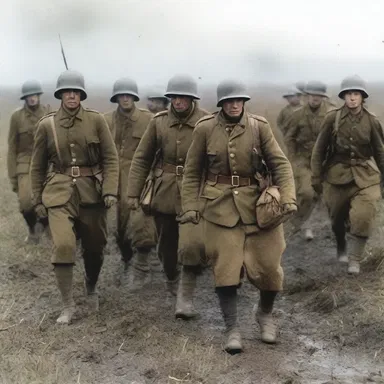 The soldiers marched raggedly across the battlefield, their uniforms torn and tattered from weeks of fighting.