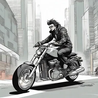 The protagonist's hair flowed raggedly in the wind as he sped through the futuristic city on his motorcycle.