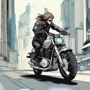 The protagonist's hair flowed raggedly in the wind as he sped through the futuristic city on his motorcycle.