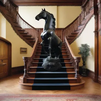 The grand staircase in the Victorian mansion featured a magnificent black stallion statue on each side, symbolizing a high stepper.
