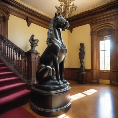 The grand staircase in the Victorian mansion featured a magnificent black stallion statue on each side, symbolizing a high stepper.