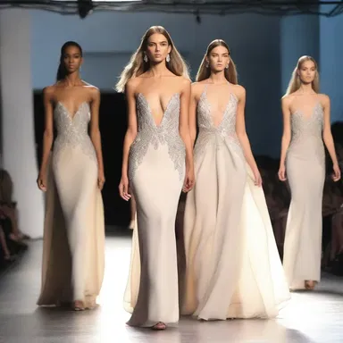 The runway show exhibited models in elegant evening gowns, gracefully strutting like high steppers.