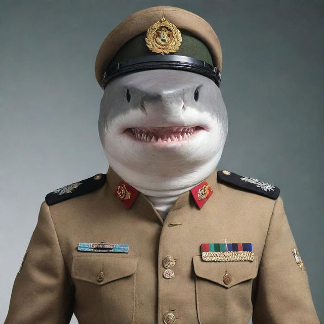 A fierce shark standing upright, wearing a detailed Pakistan army general uniform, displaying military insignia, a cap, decorated with badges and epaulettes.