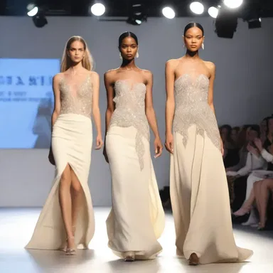 The runway show exhibited models in elegant evening gowns, gracefully strutting like high steppers.