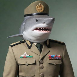 A fierce shark standing upright, wearing a detailed Pakistan army general uniform, displaying military insignia, a cap, decorated with badges and epaulettes.