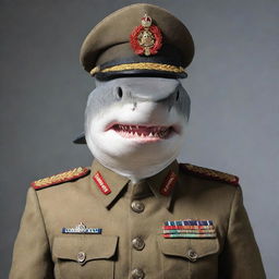 A fierce shark standing upright, wearing a detailed Pakistan army general uniform, displaying military insignia, a cap, decorated with badges and epaulettes.