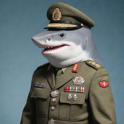 A fierce shark standing upright, wearing a detailed Pakistan army general uniform, displaying military insignia, a cap, decorated with badges and epaulettes.