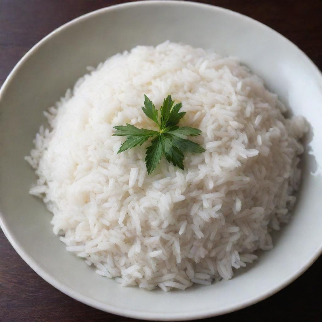 A well-cooked plate of fragrant white rice, steaming and fresh.