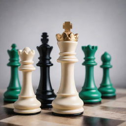 A white king, majestic and noble, and a black king, proud and regal, fully immersed in a battleground of strategic chess, each piece reflecting their symbolic color.