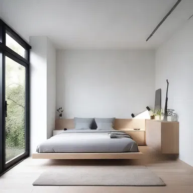 The minimalistic design of the room incorporates a sense of disappearance, making it appear more spacious and airy.