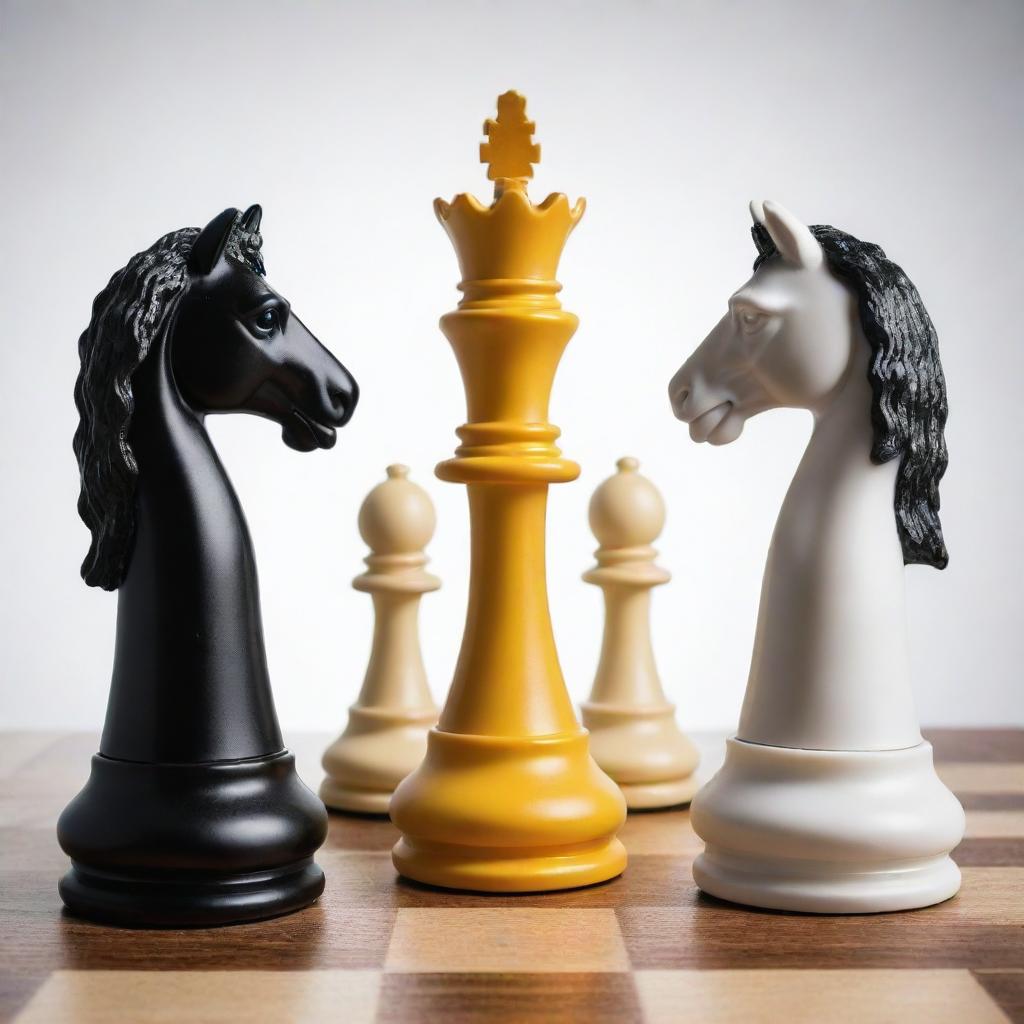 A white king, majestic and noble, and a black king, proud and regal, fully immersed in a battleground of strategic chess, each piece reflecting their symbolic color.