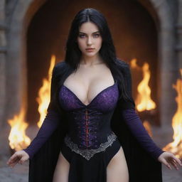 shote by sony alpha ii, medieval beatifull, bigb boobs, sexy full body, black hair girl with purple eyes with fire aura behind, 23 years old, she is a piro controler, black clothes, sexy, piromancer, in ocation place, charmOfTheRealm, hiper realist, high detailed,hd 4k