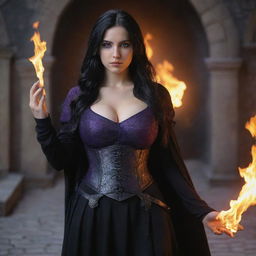 shote by sony alpha ii, medieval beatifull, bigb boobs, sexy full body, black hair girl with purple eyes with fire aura behind, 23 years old, she is a piro controler, black clothes, sexy, piromancer, in ocation place, charmOfTheRealm, hiper realist, high detailed,hd 4k