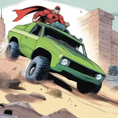 In the action-packed comic book, the superhero battles a menacing tracked vehicle.