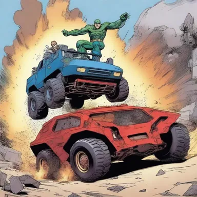 In the action-packed comic book, the superhero battles a menacing tracked vehicle.