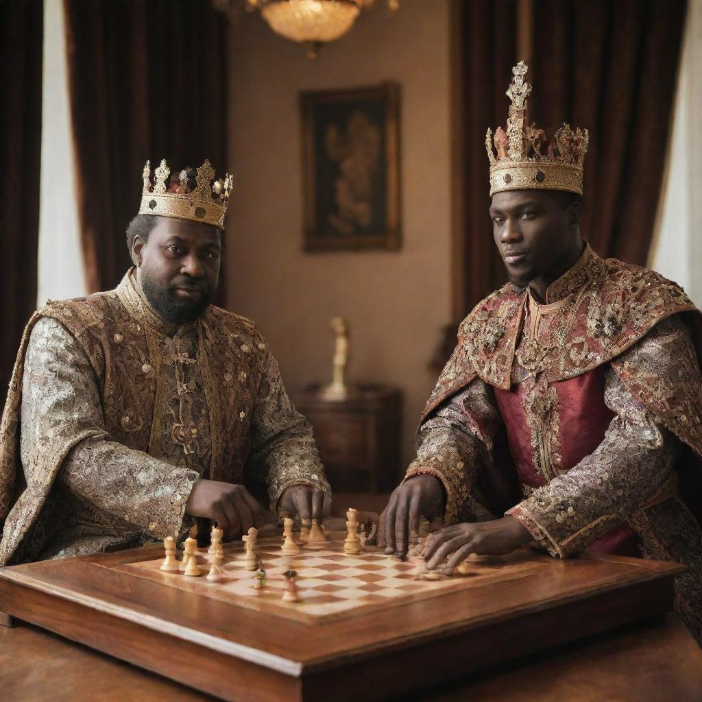 A dignified Caucasian human king and an imposing African human king, each donned in regal attire, rolling over a strategic chess game in a royal chamber.