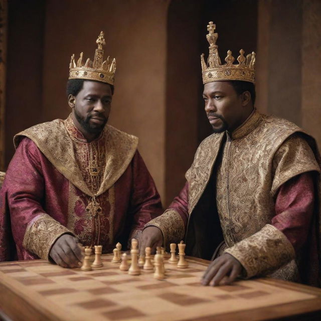 A dignified Caucasian human king and an imposing African human king, each donned in regal attire, rolling over a strategic chess game in a royal chamber.