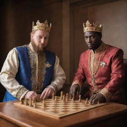 A dignified Caucasian human king and an imposing African human king, each donned in regal attire, rolling over a strategic chess game in a royal chamber.