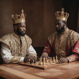 A dignified Caucasian human king and an imposing African human king, each donned in regal attire, rolling over a strategic chess game in a royal chamber.