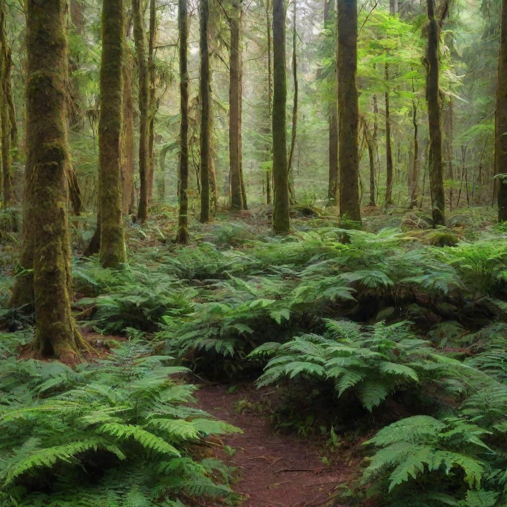 A vibrant and lush forest with sunlight filtering through dense canopies and dancing on the forest floor littered with vibrant green ferns