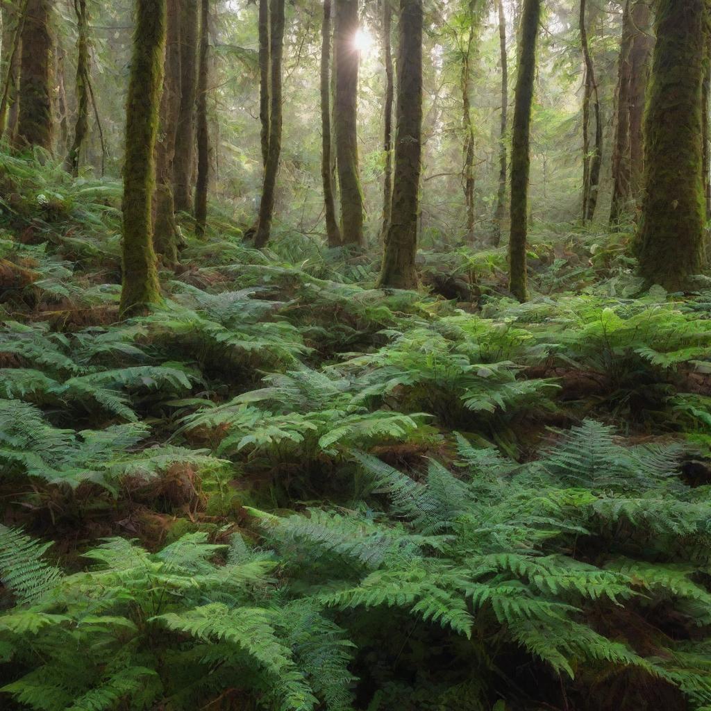 A vibrant and lush forest with sunlight filtering through dense canopies and dancing on the forest floor littered with vibrant green ferns