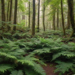 A vibrant and lush forest with sunlight filtering through dense canopies and dancing on the forest floor littered with vibrant green ferns