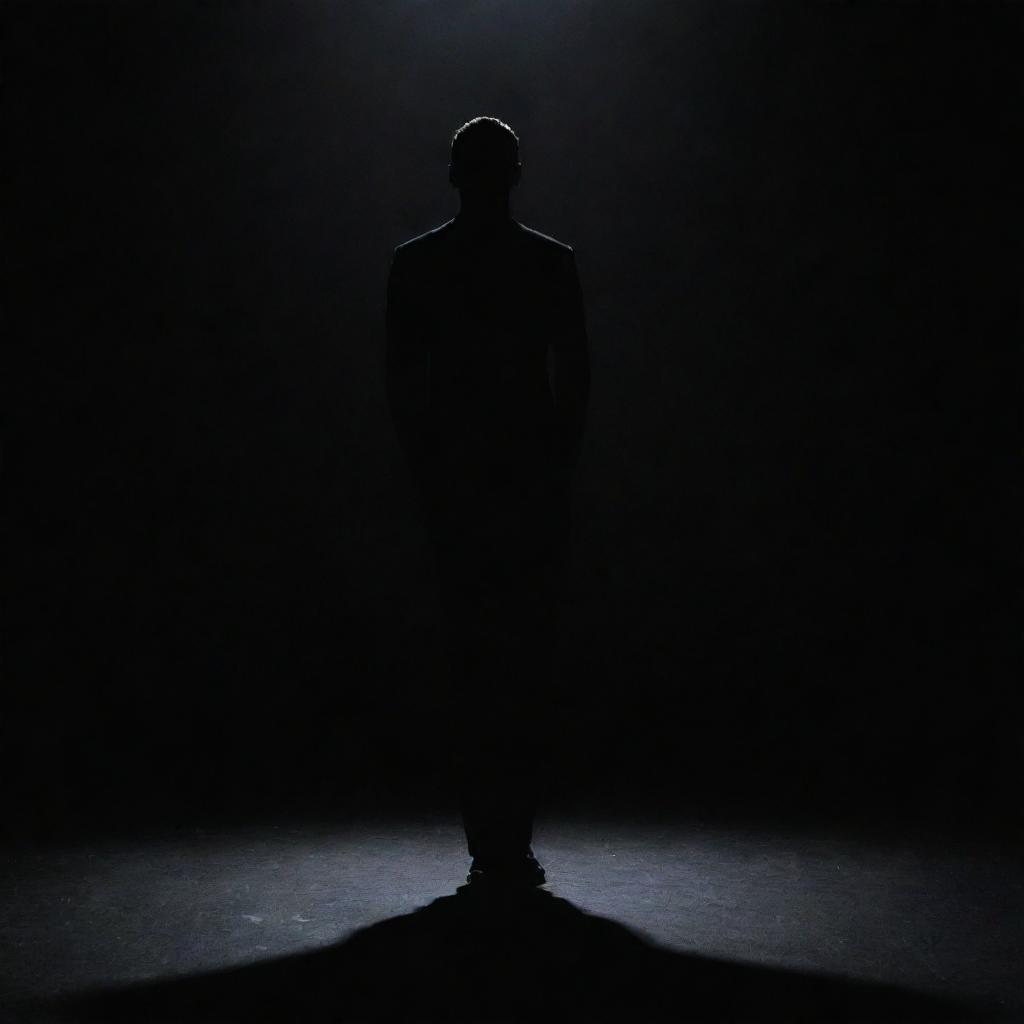 A silhouetted figure against a deep, inky black backdrop.